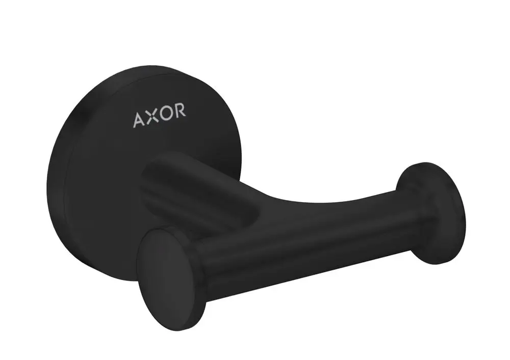 Schwarzer Handtuchhaken mit doppelter Ausführung, befestigt an einer runden Wandplatte, mit dem Logo der Marke AXOR.